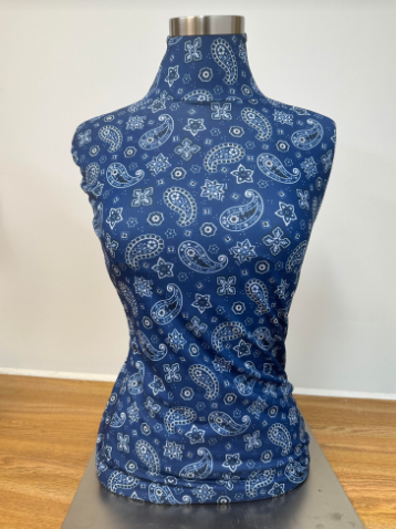 Used Female Mannequin Dress Form on Table Top Stand - Blue Paisley