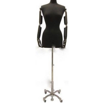 Female Dress Form with Bendable Arms: Black Jersey on Caster Wheel Base