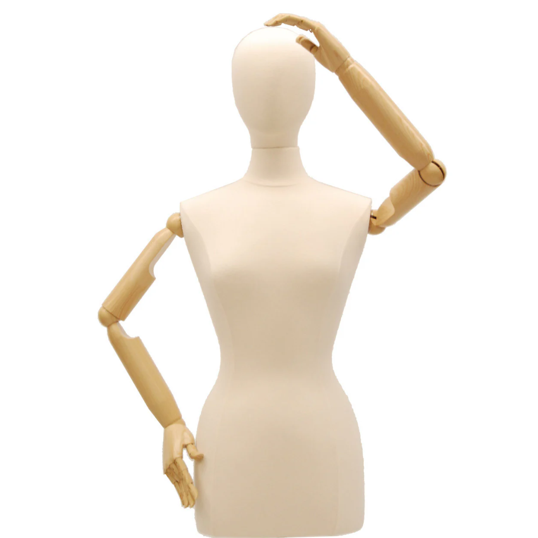 Female Dress Form with Bendable Arms: Jersey on Wooden Tripod Base