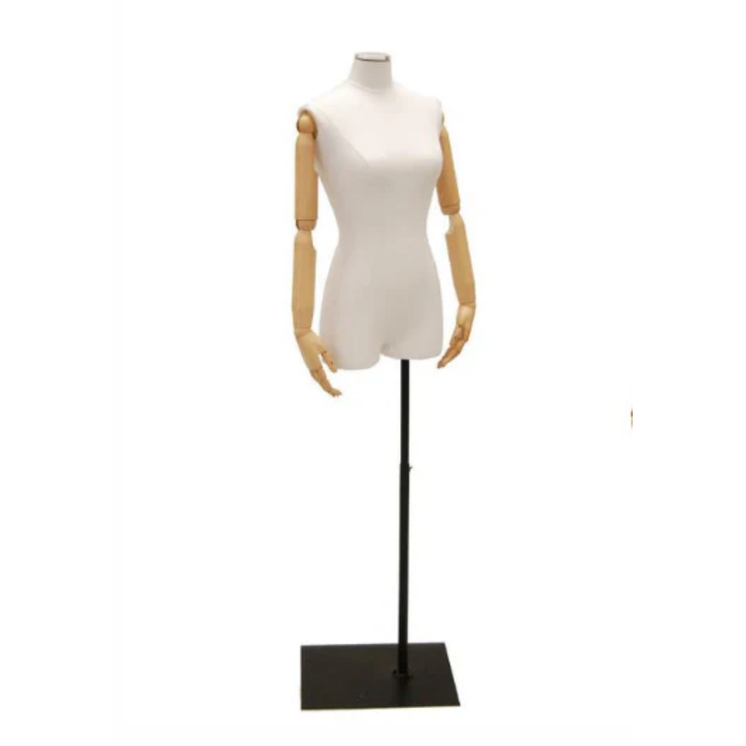 Female Half-Leg Dress Form with Bendable Arms: Linen White Jersey on Metal Base