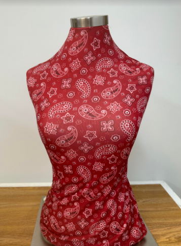 Used Female Mannequin Dress Form on Table Top Stand - Red Paisley