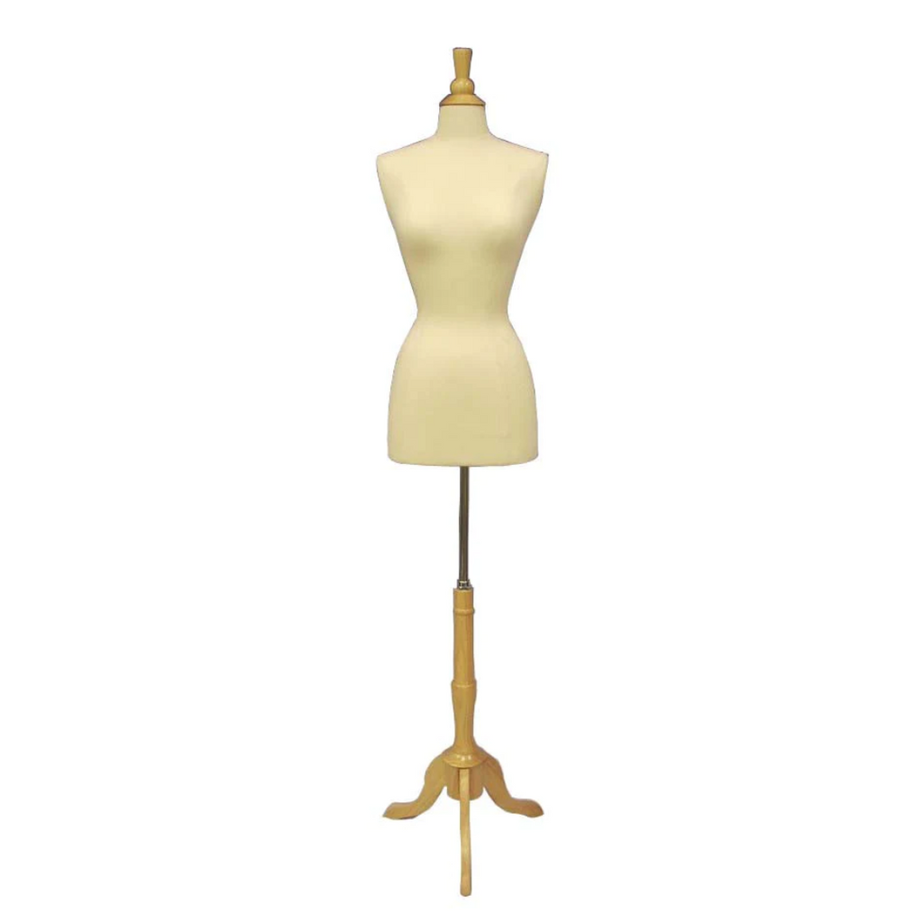 Female French Dress Form: White Jersey on Natural Wood Tripod Base –  Mannequin Madness